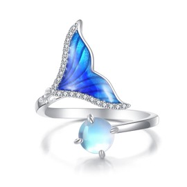 SHEAISRS Mermaid Rings 925 Sterling Silver Mermaid Tail Adjuatable Open Ring Moonstone Jewelry for Women
