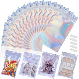 120 PCS-7x10 Reclosable Mylar Bags for Food Storage, Resealable Holographic Bags with Clear Window for Small Businesses, Smell Proof Aluminum Foil Ziplock Edible Packaging Bag for Candies