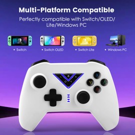 VooFun Controller für Switch/Lite/OLED/PC, Wireless Switch Pro Controller mit Aufwachen, 6 LEDs Wireless Controller mit 6-Achsen Gyroskop, Vibration, Makro, Turbo und Screenshot, Weiß