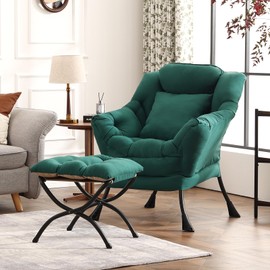 HomEastlly Lazy Chair with Ottoman, Large Lounge Accent Chair with Ottoman and a Throw Pillow, Dark Green Reading Chair for Living Room Bedroom Dorm Room Office Apartment Relaxing Use