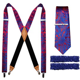 Barry.Wang Royal Blue Red Suspenders for Men Paisley X Type with Necktie Armbands and Tie Clip Set Formal Gatsby Costume Wedding Party Prom
