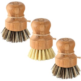 Bamboo Scrub Brush - S&C Kitchen, Cleans Pan/Vegetable/Dishes/Wok, Scrub Brush Dishes for Kitchen/Bathroom, Made Out of Palm & Sisal Bristles with a Handle, Vegetable Brush for Cleaning, Set of 3