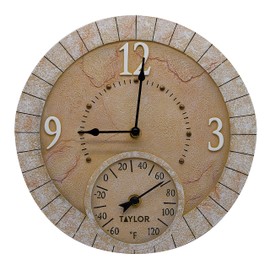Taylor Terra Cotta Poly Resin Indoor and Outdoor Clock and Thermometer, Home Decor for Garden, Patio, Pool, and Indoor Areas, 14-inch, Multi-Color