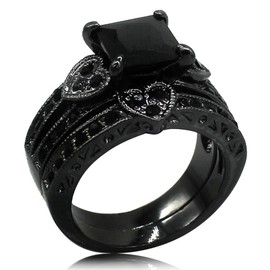 Jude Jewelers Black Rhodium Plated Princess Cut Heart Shape Wedding Engagement Bridal Ring Set (Black, 6)