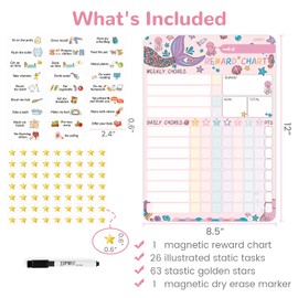 Mermaid Magnetic Dry Erase Chore Chart for Kids at Home, Reward Chart for Kids Behavior; Each Set Includes 26 Static Tasks, 63 Golden Stars and One 8.5"x 12" Magnetic Chart