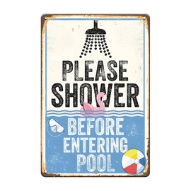 Funny Warning Flamingo Pool Sign-Please Shower Before Entering Pool,Outdoor Pool Decor Pool Rules Signs,Summer Decor for Swimming Pool,Swimming Pool Accessories Warning Sign for Pool,12x8 Inches
