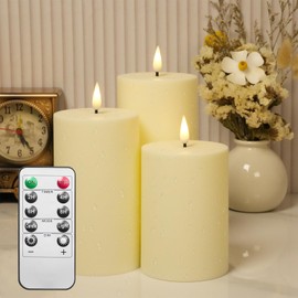SupBri 3Pack Waterproof Outdoor Flameless Candles with Remote Control and Timer, 350+Hours Battery Operated Flickering LED Pillar Candles for Outdoor Larterns, Porch,Fall Christmas Decor (Ivory)