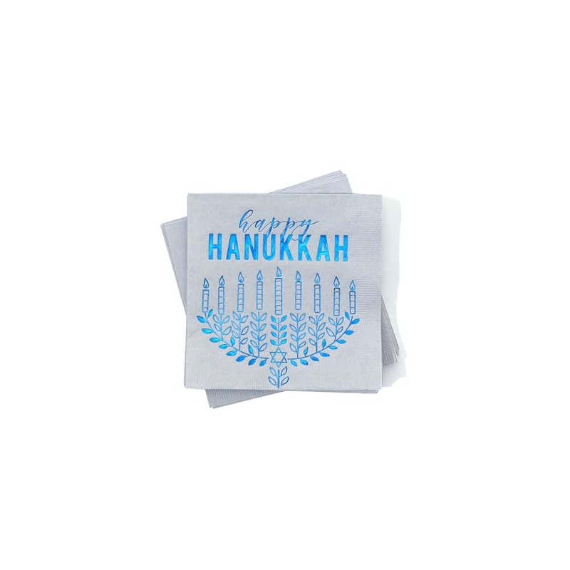 ForYourParty.Com Happy Hanukkah Cocktail Napkins - Gray and Shiny Blue