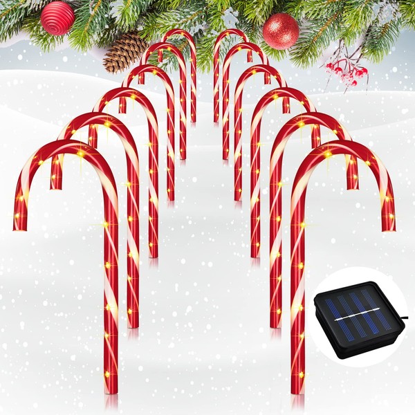 12 Pieces 17 Inch Christmas Solar Candy Cane Lights Candy Cane Pathway Markers Waterproof Outdoor Landscape Lights Candy Cane Christmas Decor Garden Spotlights for Xmas Party Lawn Wedding Festival