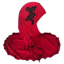 AMAL Children Girls Kid Muslim Hijab Islamic Scarf Headwear For 2-12 Years Cotton USA (Red & Black)
