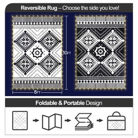 8x10ft Waterproof Outdoor Rug with LED Lights, Boho Reversible Plastic Straw Mat for Patio RV Camping Picnic Balcony Beach Deck Indoor Outdoor Carpet, Black&White