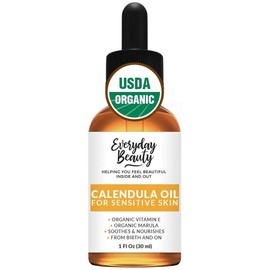 Everyday Beauty Organic Calendula Oil For Sensitive Skin - USDA Certified Natural Plant Based, Lightweight & Unscented Gentle Soothing Oil For Sensitive Skin - For Face, Skin & All Over - 1 Fl Oz Glass & Dropper - Size: 4.06 Fl Oz (Pack of 1)