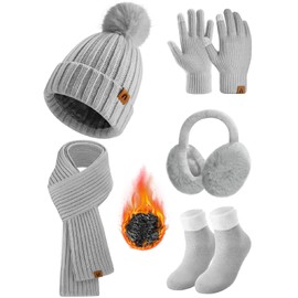 HEEKPEK Winter Beanie Hats Scarf Gloves Ear Muffs Fuzzy Socks 5pcs Set for Women Cold Weather Beanies Touch Screen Gloves