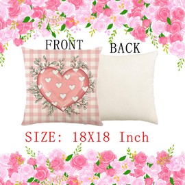 MAZSHTTD Valentines Day Pillow Covers 18 x 18 Inch Set of 4 Hello Valentine Pink Polka Dot Heart Buffalo Plaid Eucalyptus Leaves Throw Pillows Decorative Cushion Cases Valentines Decor