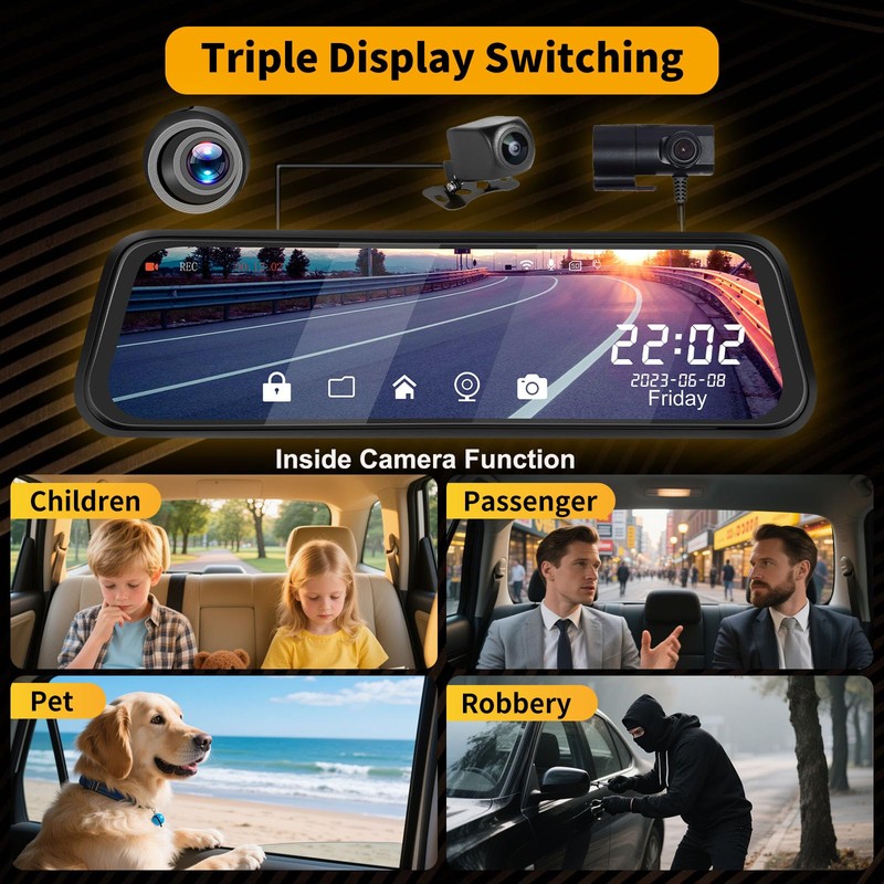 3 Channel 9.66'' WiFi Mirror Dash Cam with Front and