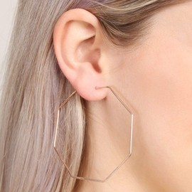 Simple Lightweight Geometric Statement Hoop Earrings - Classic Thin Wire Delicate Curved Arc, Pear, Octagon, Pentagon Pear, Horseshoe, Oval Hoops (Octagon - Rose Gold)