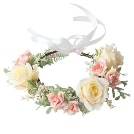 Geoyien Flower Wreath Hair, Flower Hair Wreath, Adjustable Flower Wreath Headband, Crown, Flower Garland, Flower Crown, Rose Petal Headband, Wedding, Boho Flower with Ribbon for Women and Girls, 1