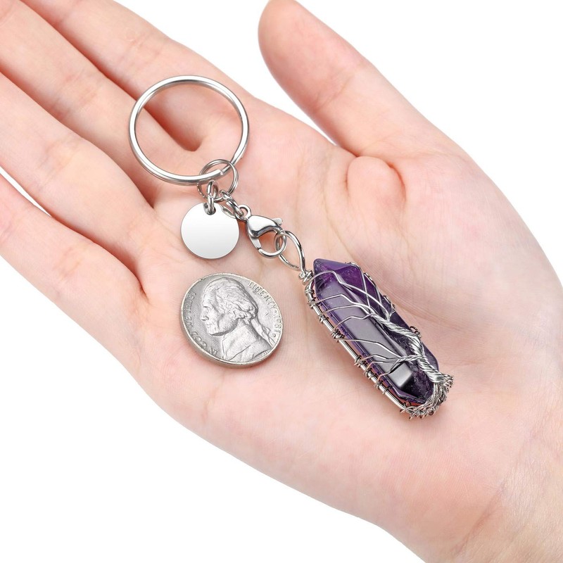 JSDDE Amethyst Healing Crystal Stone Keyring Silver Life Tree Wire