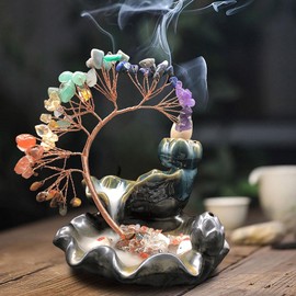 ZONSUSE Ceramic Lake Waterfall Incense Burner, 7 Chakra Crystal Tree Backflow Incense Burners, Chakra Crystal Incense Holder