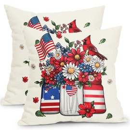 Ancordivo 4th of July Pillow Covers 18x18 Inch Set of 2 Patriotic American Flag Floral Red and Blue Throw Pillows Memorial Day Independence Day Cushion Case for Couch Home Decor