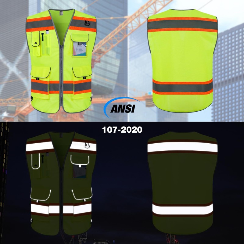 TCCFCCT Hi Vis Vest 9 Pockets High Visibility Reflective Safety
