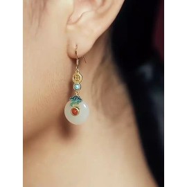 Unbranded Vintage 14k Gold Filled White Jade Peace Buckle Necklace Earrings Ring Set