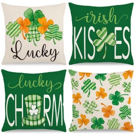 St Patrick’s Day Pillow Covers Decoration 18x18 Inch Lucky Charm Shamrock Throw Pillowcase Green Holiday Cushion Case Covers for Home Farmhouse Couch Sofa Bed Decor (Set of 4)