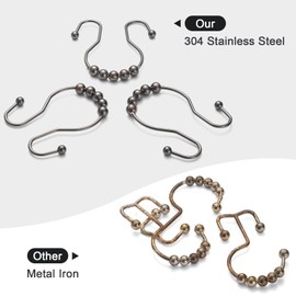 Goowin Shower Curtain Hooks, 12 Pcs Shower Curtain Rings, Stainless Steel Roller Rust-Resistant Balance Sliding Anti-Drop Double Shower Hooks for Curtain Bathroom Shower Curtains (Bronze)