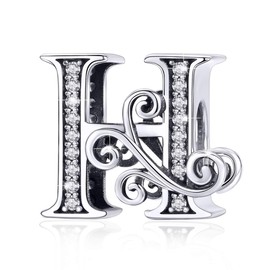 BISAER 925 Sterling Silver Initial Letter A-Z Charms for Bracelets Alphabet Beads Charm Jewelry Gifts, Sterling Silver Rhinestone, Cubic Zirconia