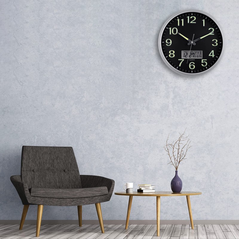 Plumeet Night Light Wall Clock, 14’’ Large Bedroom Wall Clocks