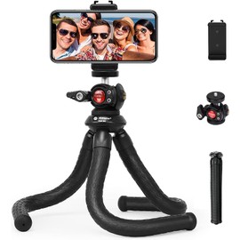 Fotopro Flexible Tripod with Extension Ball Head and Cold Shoe Mount, Camera & Phone Tripod, Vertical & Horizontal Rotation, Supports Up to 1.2kg, Black