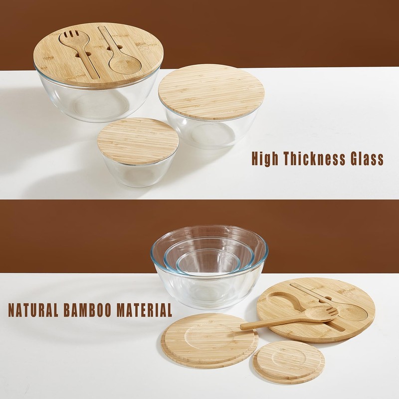 ECWAY Glass Salad Bowls with Bamboo Lids & Utensils Set