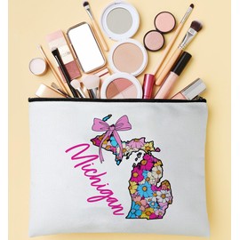 PinPop56 Floral Coquette State Michigan Makeup Bag - Retro Floral State Travel Zippered Makeup Bag Gift For Women - Friends - Michigan Lovers On Birthday - Mothers Day - Holiday