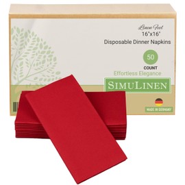 SimuLinen Red Dinner Napkins Paper Disposable & Decorative –Dinner Napkins with Linen-feel, Cloth-Like & KOSHER for Weddings, Shower Napkins – Size: 16”x16” – Box of 50