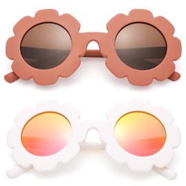 Hycredi Kids Flower Sunglasses Round Polarized Sung Lasses Cute Shades UV 400 Protection Girls Boys- Matte Reddish Orange/Brown Lens+ Matte White/Purple Mirrored Lens