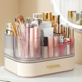 Delamu Makeup Organizer for Vanity with Stackable Drawers, 360 Rotating Makeup Brush Holder Large Cosmetic Display Case, Bathroom Skincare Storage, Elegant White, Ideal Gifts for Girls