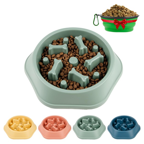 DPOEGTS Slow Feeder Dog Bowl, Puzzle Dog Food Bowl Anti-Gulping Interactive Dog Bowl and Water Dog Bowl for Small/Medium Sized Dogs (Green, Bone)