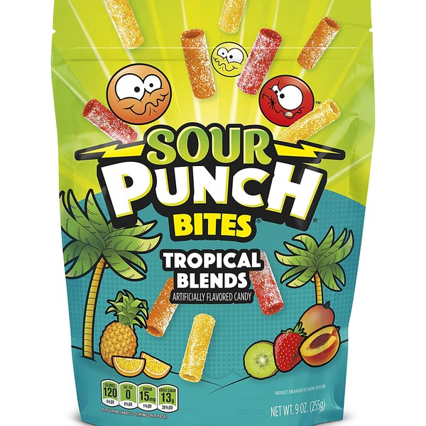 Sour Punch Bites, Tropical Fruit Flavors, Soft & Chewy Sweet, Sour Candy, 9oz Bag (12 Pack)