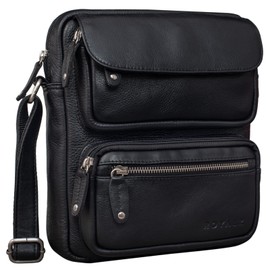 ROYALZ 'Florida' Men's Small Vintage Leather Shoulder Bag Mini Messenger Bag, Color:Black