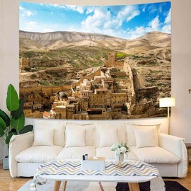 OSUNBD Mar Saba Mountains Wall Tapestries Ancient Greek Tapestry Buildings Tapestry Hills Christian Decor Tapestry Holy Baptism Savior Art Hanging Large Size 60”x40” for Bedroom Living Room Dorm