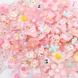 100Pcs Random Cute Jelly Embellishrents, Candy Slime Charms Assorted, Cute Stuff, Bulk Mixed Resin Charms Set Scrapbooking Ornament(Lightpink)