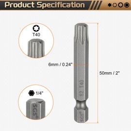HARFINGTON 3pcs T40 Torx Head Screwdriver Bit 1/4" Hex Shank 2" (50mm) Long Magnetic No Hole Tip Tamper Proof 6 Point Star Screw Driver Drill Bits S2 Steel Industrial Power Screwdrivers