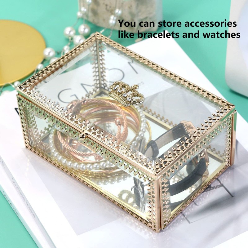 NAJMECHOY ガラスジュエリーボックス ミラーボトム クラウン蓋付き メイクボックス リップスティックリングピアス 収納ボックス ゴールドガラスボックスリング ブレスレットディスプレイ 透明ボックス