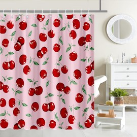 Mocsicka Pink Cherry Shower Curtain Cute Fruit Bathroom Shower Curtain Red Cherry Waterproof Fabric Bathtub Curtain Decor with 12 Hooks 72 X 72 Inches (Pink)