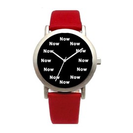 Now is The Time That is Shown Each Hour on The Black Dial of The Brushed Chrome Round Unisex Watch with a Red Leather Strap