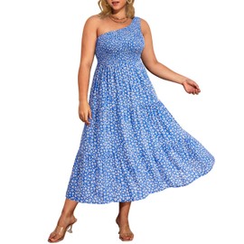 Sun Dresses Women Summer Plus Size Blue Floral Casual Boho Beach One Shoulder Long Flowy Smocked Tiered Maxi Sundress