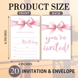MXLINSW Pink Bow Birthday Invitations, Cute Pink Birthday Invites, 20 Birthday Party Invite Cards with Envelopes, Funny Happy Birthday Cards for Kids Girls Wedding Party, 4" x 6"-A04