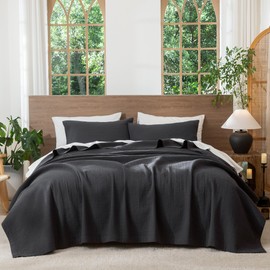 MooMee Stripe Stitch Quilt Set 100% Washed Cotton Coverlet Bedspread Linen Like with Cotton Batting Fill Soft Breathable Lightweight for All Seasons (Charocal Grey, Queen)