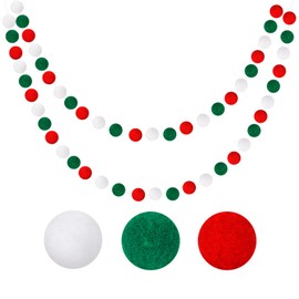 GCQQ Beauty 2Pcs Pom Pom Garland Christmas, 16.4 Ft Long Pompom Garland Boho, Large 60 Balls Felt Ball Garlands, Red Green White Wool Felt Ball Garlands for Christmas Party, Home and School Decor