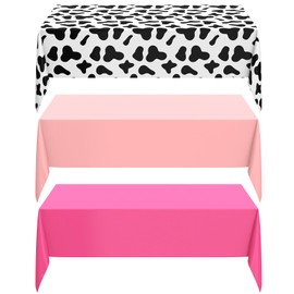 Oudain 3 Pcs Cow Print Tablecloth 108 x 54 Inch Cow Birthday Party Table Cloth Pink Rose Red Disposable Plastic Western Table Cover for Disco Party Decorations Supplies